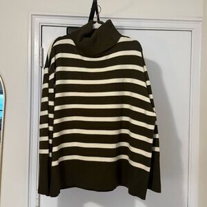 WeWoreWhat Olive and Cream Striped Turtleneck Sweater
